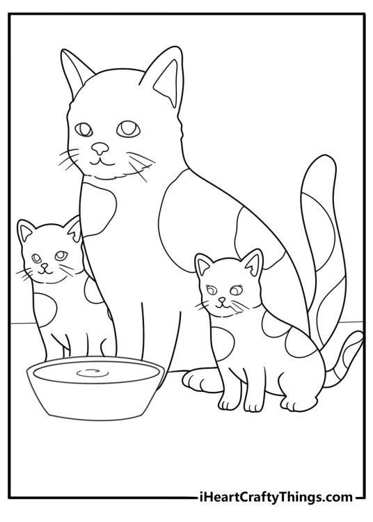Coloring picture for children featuring mother cat with her two kittens sitting next to a bowl of milk