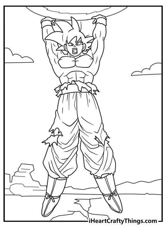 Coloring picture for children featuring super Saiyan Goku screaming while showing off his power