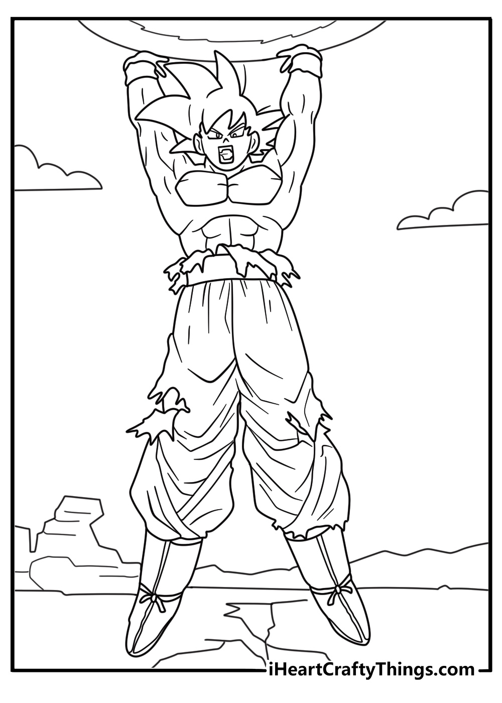 Coloring picture for children featuring super Saiyan Goku screaming while showing off his power