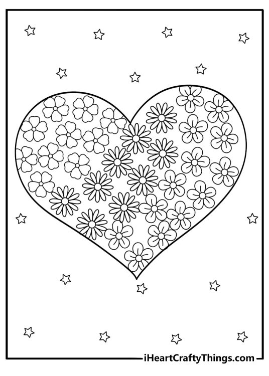 Coloring picture for kids of a big heart filled with three flowers and stars surrounding it