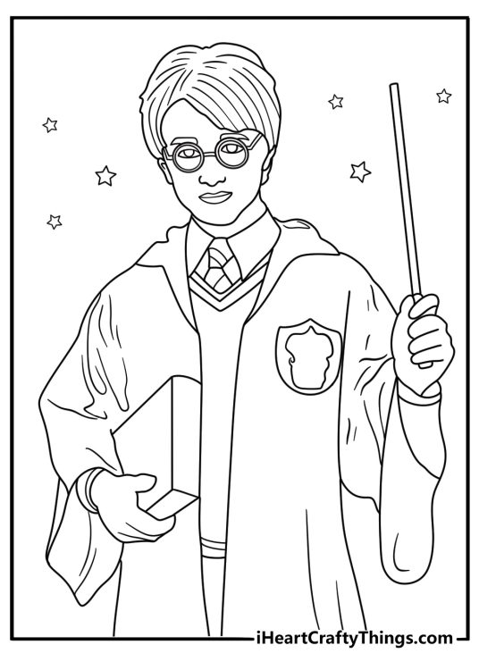 Coloring picture of a Harry Potter holding wand and a book with stars all around him