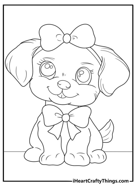 Coloring picture of a little dog with a nicely brushed fur and a bow on the top of her head