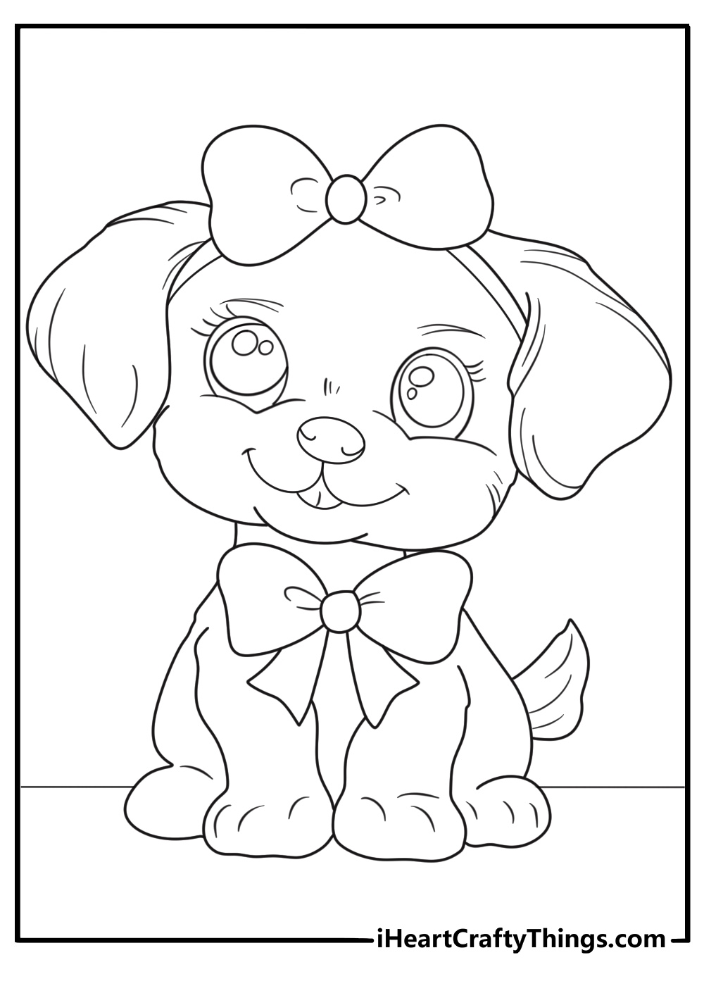 Coloring picture of a little dog with a nicely brushed fur and a bow on the top of her head