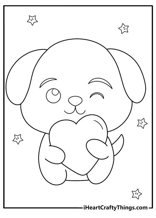 Coloring picture presenting cute cartoony dog holding up big heart with cartoony stars all around him