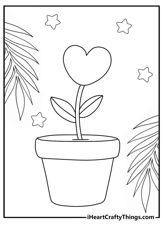 Coloring picture presenting plant in a pot with heart on top surrounded by stars and palm leaves
