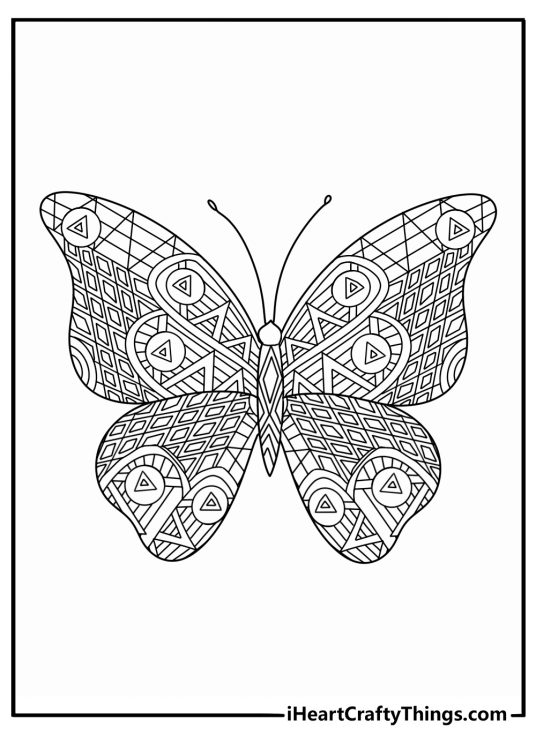 Coloring sheet featuring highly detailed butterfly with various geometric shapes in the background