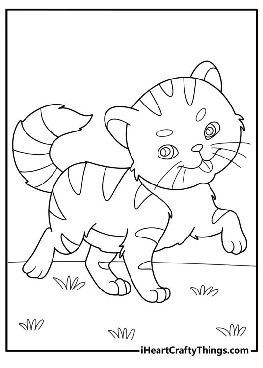Coloring sheet for children of a playful cat sticking her tongue out while walking