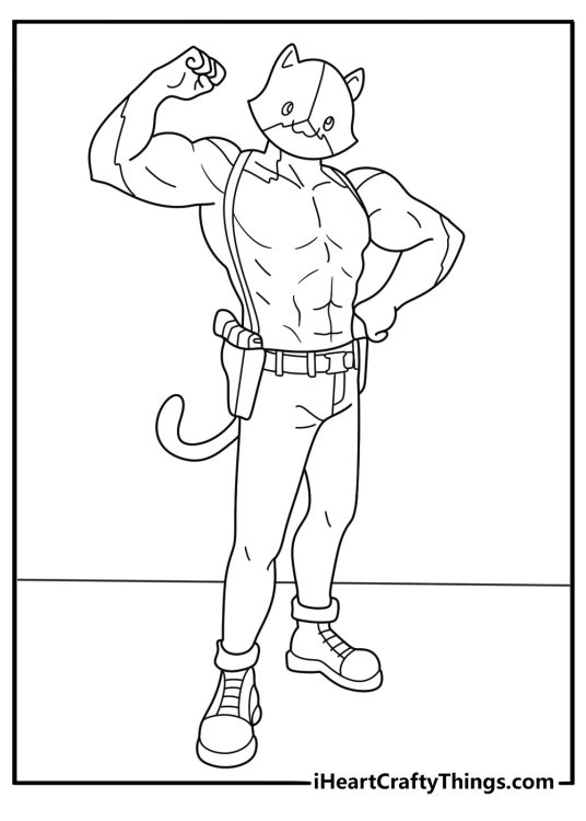 Cute Fortnite coloring page Meowscles flexing dumbbell kawaii style printable