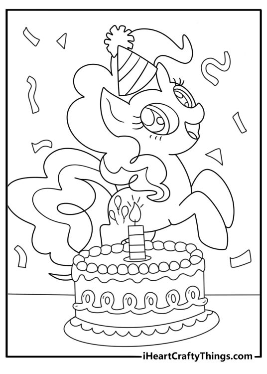 Cute My Little Pony printable of Pinkie Pie planning a party with streamers and cake