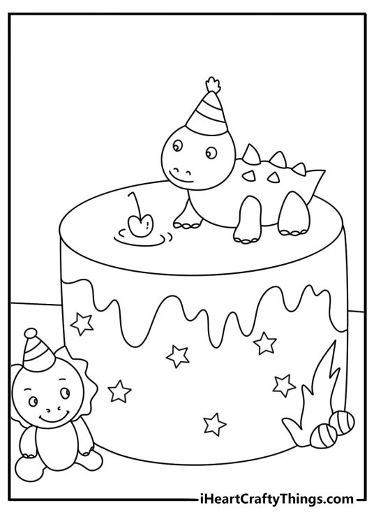 Cute dinosaur coloring page with a dinosaur birthday cake and party hat