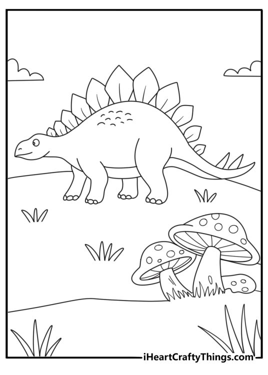Cute dinosaur coloring page with a stegosaurus near giant mushrooms