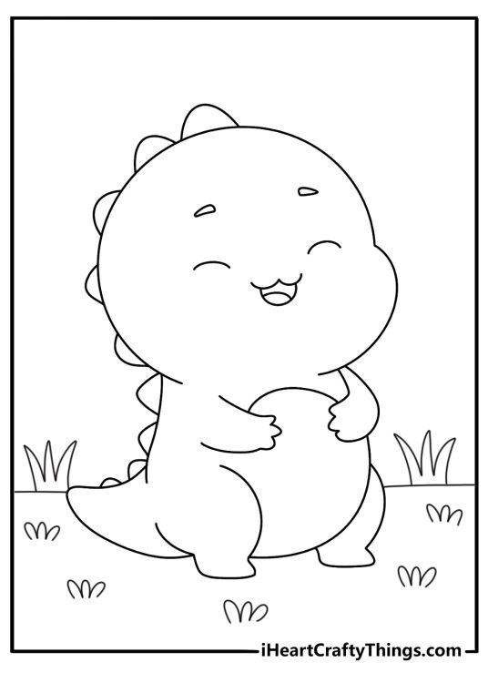 Cute dinosaur smiling on a grassy field free printable coloring page for preschool