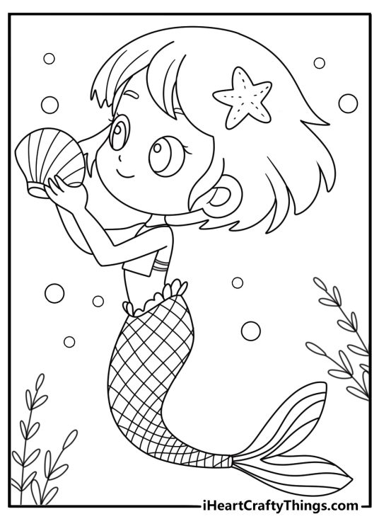 Cute mermaid coloring page with a mermaid holding a pearl shell