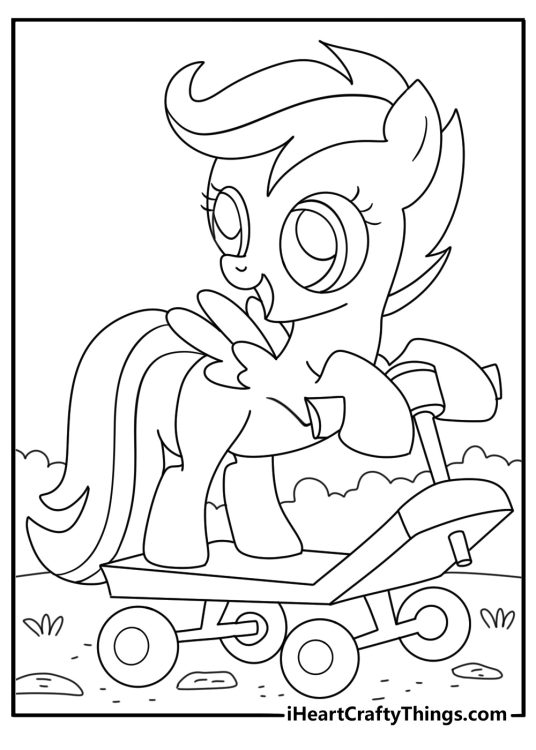 Cute printable of Scootaloo riding a scooter down a dirt path