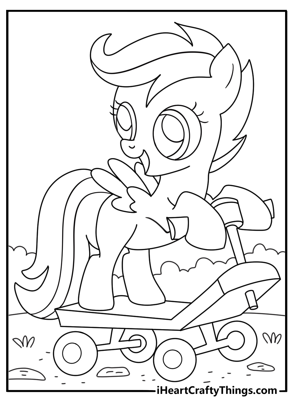 Cute printable of Scootaloo riding a scooter down a dirt path