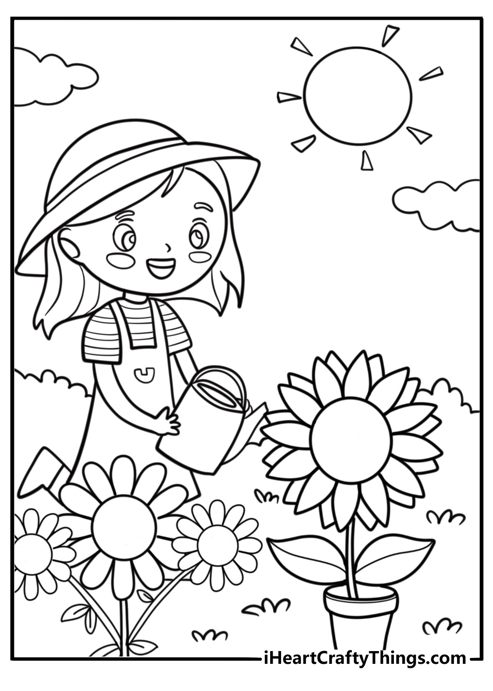 Cute summer coloring page featuring girl watering sunflowers in a sunny garden