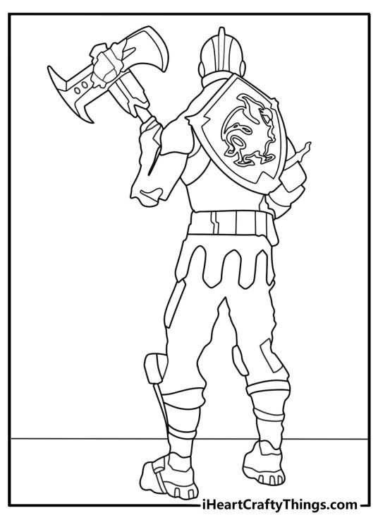 Detailed Fortnite coloring sheet Black Knight with shield crest and armor plates