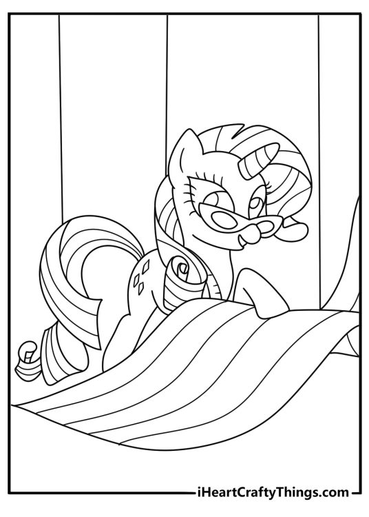 Detailed My Little Pony coloring sheet of Rarity using gem magic over fabric rolls