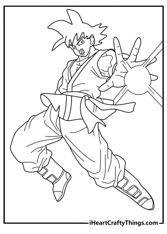 Detailed black and white image to print and color featuring Goku using finger beam