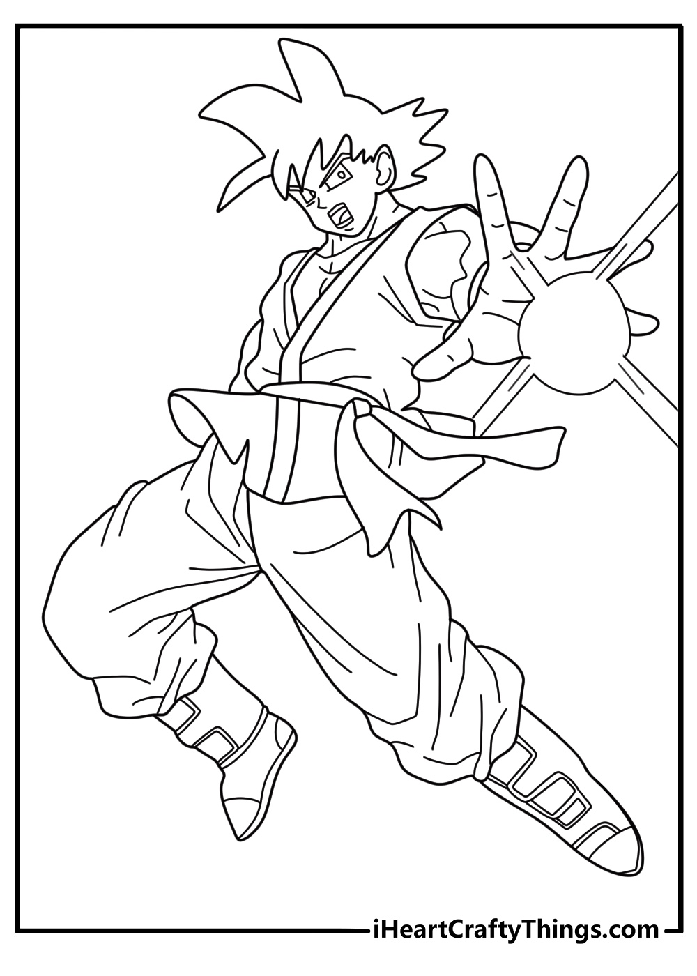 Detailed black and white image to print and color featuring Goku using finger beam