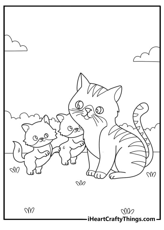 Detailed black and white printable page of a mother cat playing with her two rambunctious kittens