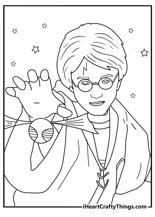 Detailed coloring page for adults presenting Harry Potter catching The Golden Snitch with stars behind him