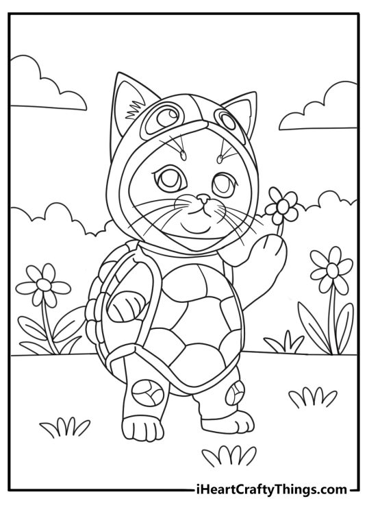 Detailed coloring page presenting a cat dressed in a turtle costume picking flowers in the garden