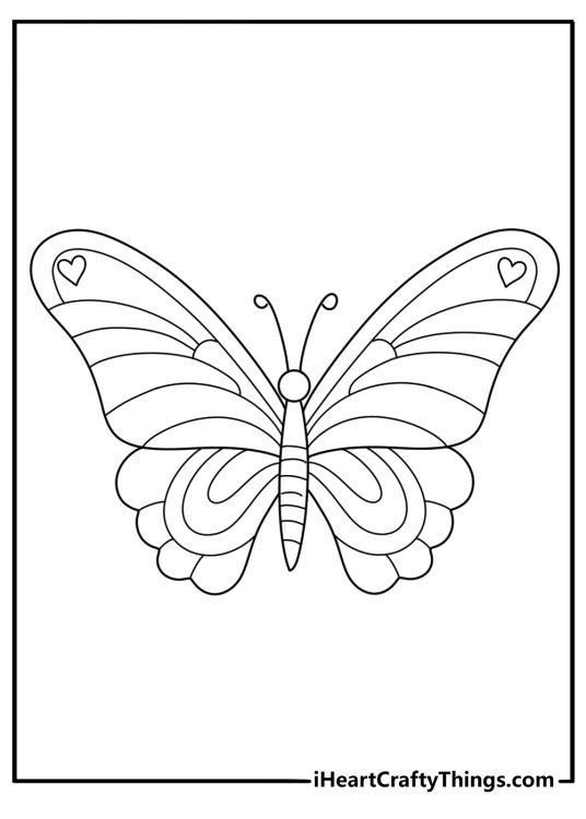 Detailed coloring page presenting big butterfly with heart shaped designs on its top two wings