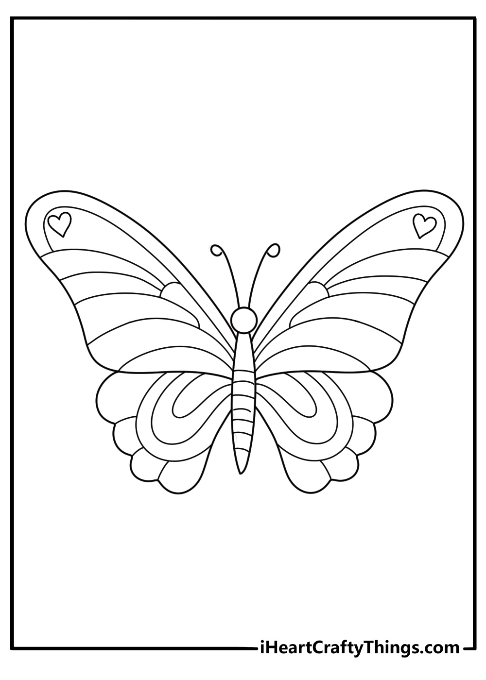 Detailed coloring page presenting big butterfly with heart shaped designs on its top two wings