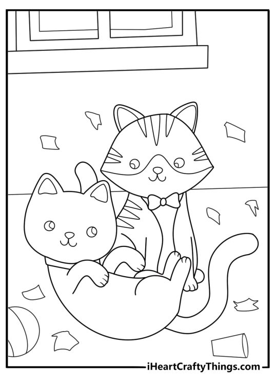 Detailed coloring page presenting two cats making a mess while playing throughout the house