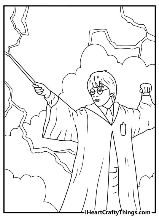 Detailed coloring picture for children presenting Harry Potter casting strong spell