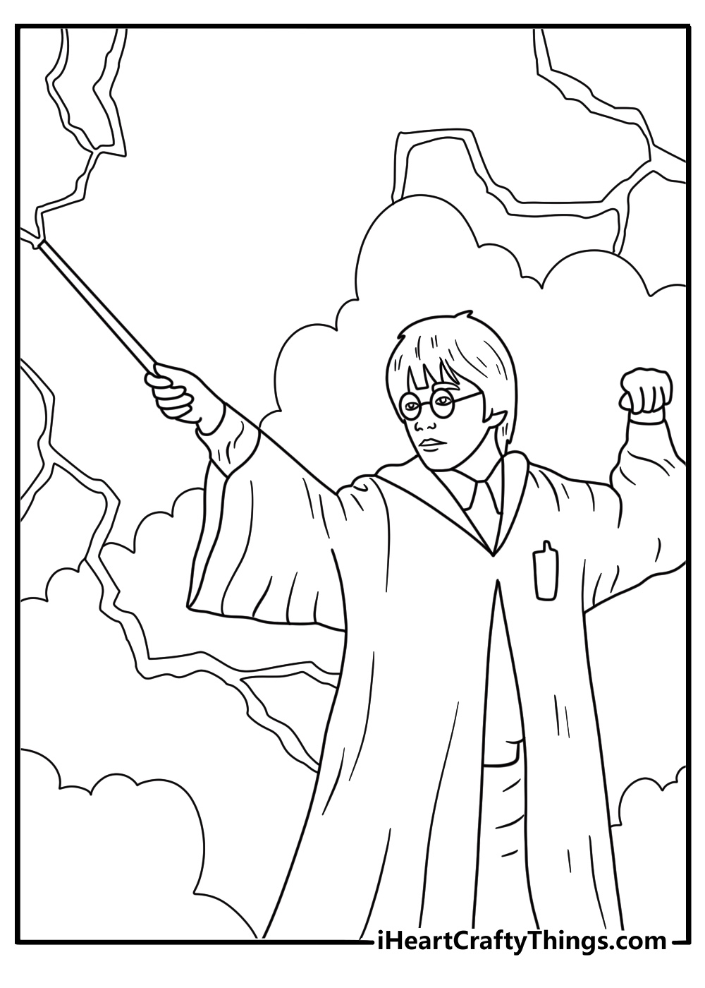 Detailed coloring picture for children presenting Harry Potter casting strong spell