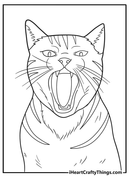 Detailed coloring picture for kids of a cat with a distinctive stripy fur and pointy teeth