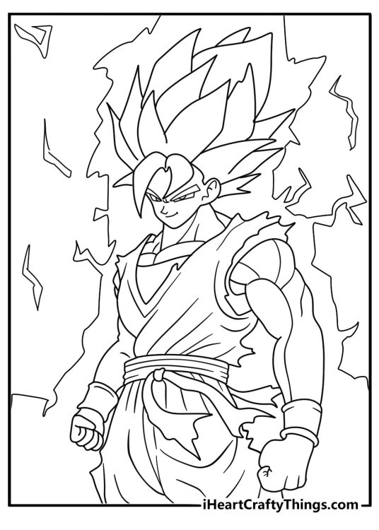 Detailed coloring picture presenting Goku in a Super Saiyan form with long spiky hair