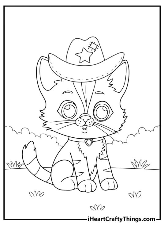Detailed coloring picture showing cat wearing a heart shaped collar and a patched up hat