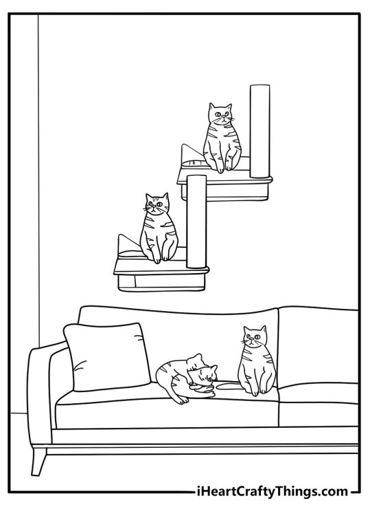 Detailed coloring poster featuring a room full of cats relaxing on the couch and climbing on the shelves