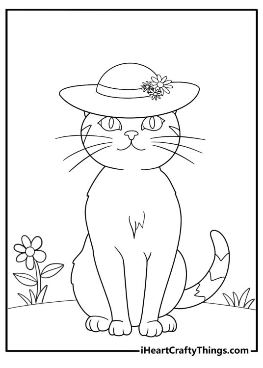 Detailed coloring poster featuring cat with a flowery hat sitting in a round box