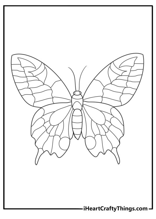 Detailed coloring sheet showing cute butterfly with mosaic like pattern on its wings