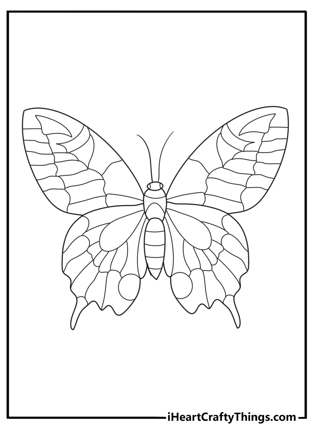 Detailed coloring sheet showing cute butterfly with mosaic like pattern on its wings