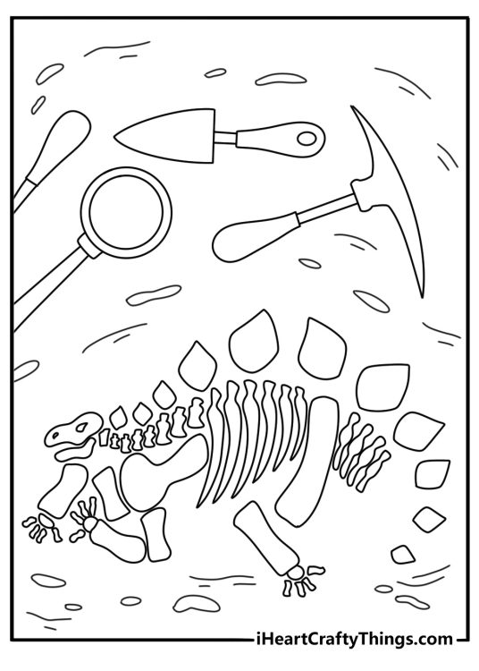 Detailed dinosaur coloring page for adults with fossil bones and excavation tools