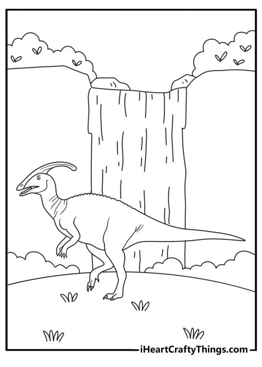 Detailed dinosaur coloring page with a parasaurolophus beside a waterfall