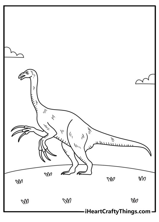 Detailed dinosaur coloring sheet with a therizinosaurus and long claws