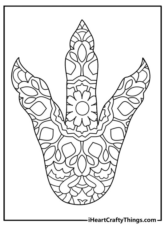 Detailed dinosaur printable for adults with a dinosaur mandala inside a footprint