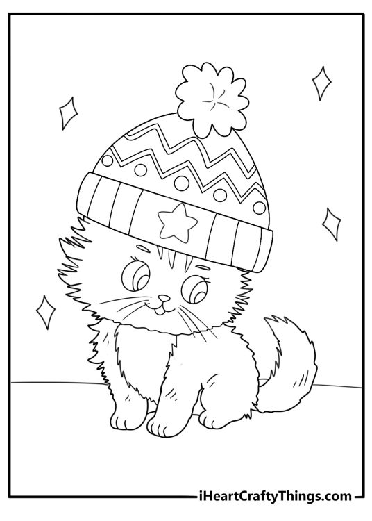 Detailed drawing of a little furry cat wearing a big stocking cap with a star on the front