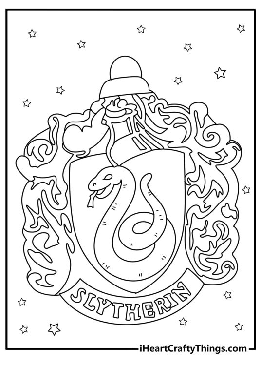 Detailed drawing to color of a Slytherin Insignia from Harry Potter surrounded by stars