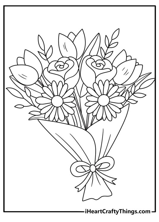 Detailed flower bouquet coloring page for adults printable pdf