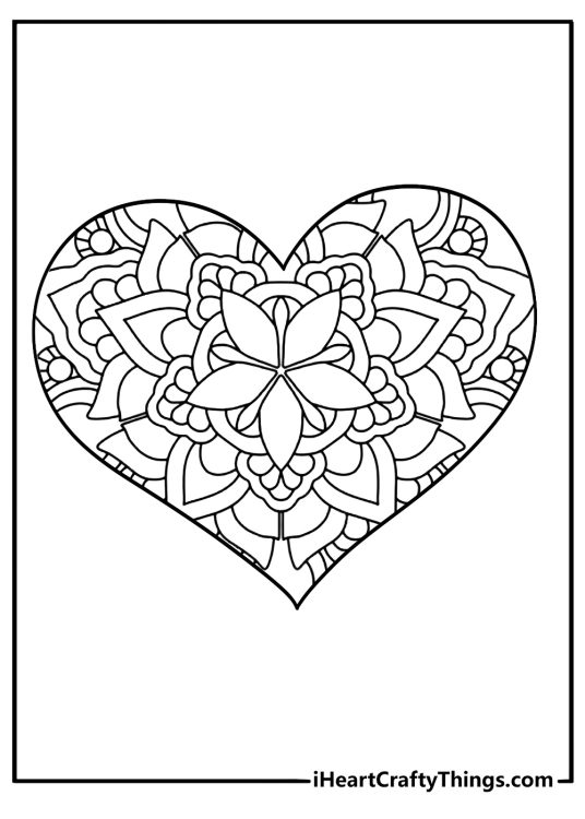 Detailed mandala inspired heart printable coloring picture for children