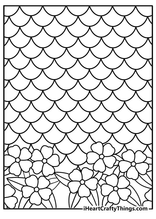 Detailed mermaid coloring page with scale patterns and ocean flowers