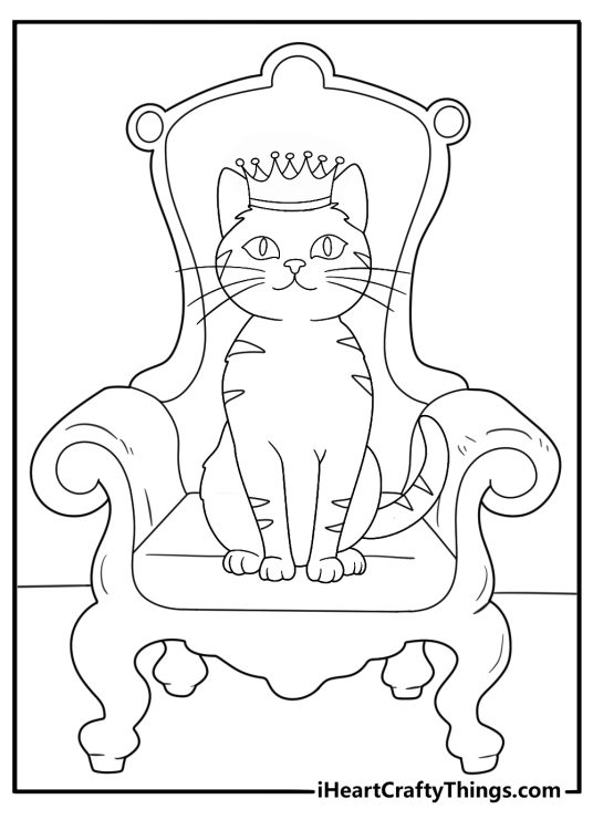 Detailed page to color presenting posh cat with big eyes sitting on a cushy throne in a sparkling crown