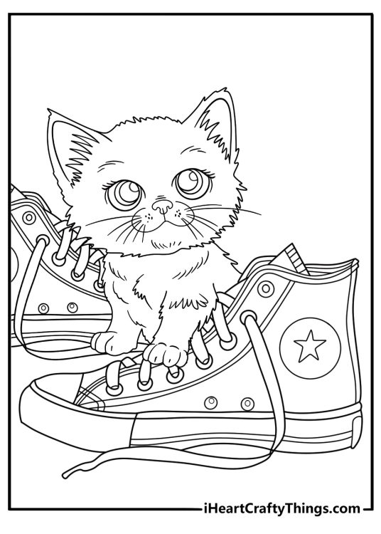 Detailed printable coloring image of a tiny cat crawled into a pair of Converse style shoes